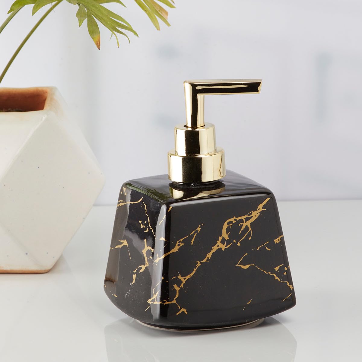 Kookee Ceramic Soap Dispenser with Pump for Kitchen, Bathroom, & Wash Basin, Designer Refillable for Liquid Handwash, Shampoo & Lotion, Leakproof, Set of 2, Black/Gold (10896) 1