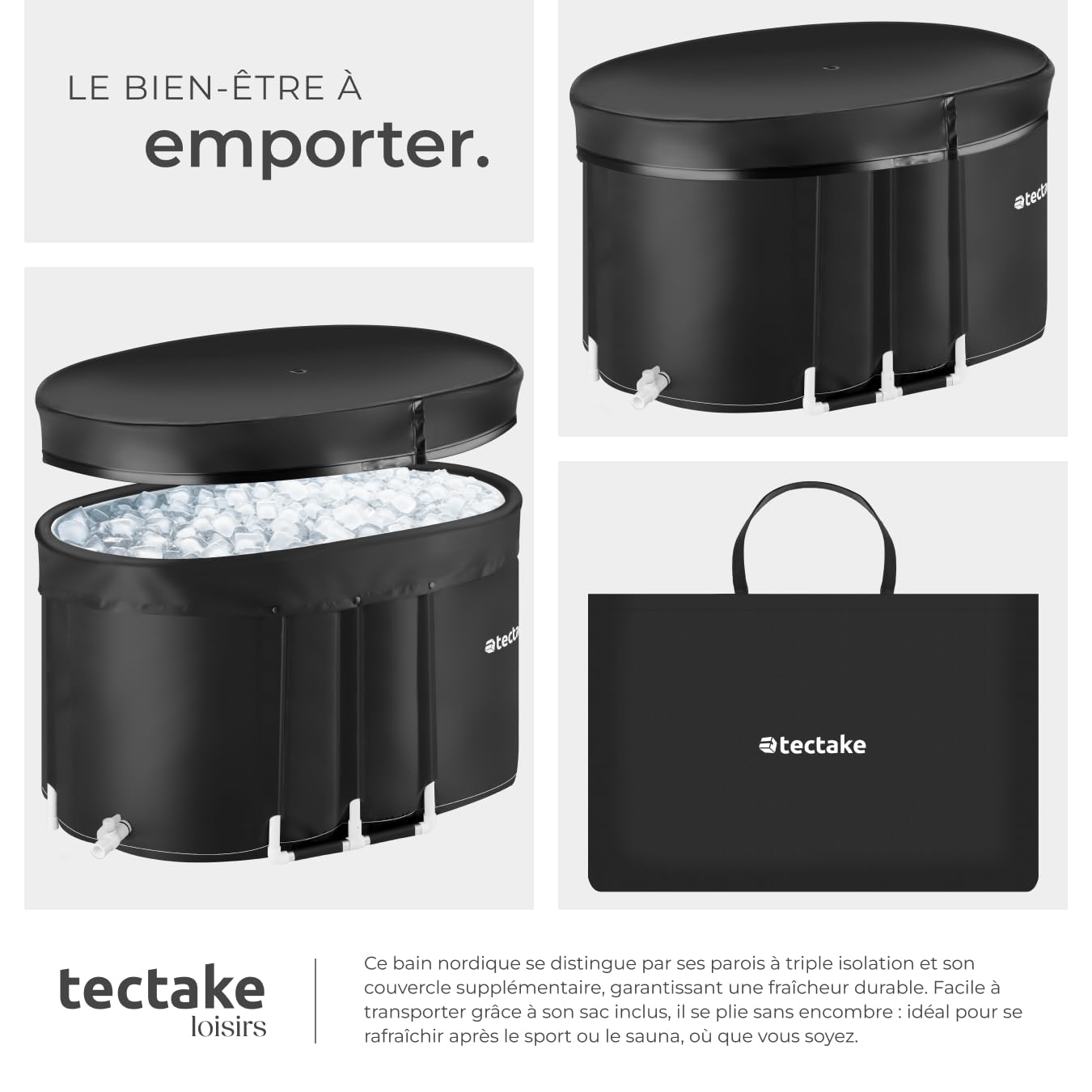 tectake® Baignoire à glace 105 x 70 x 66 cm Bain nordique 375 Litres Bain froid, Sac de transport et Coussin d’eau Baignoire pliable adulte Ice bath Recuperation musculaire Cryothérapie Sport maison