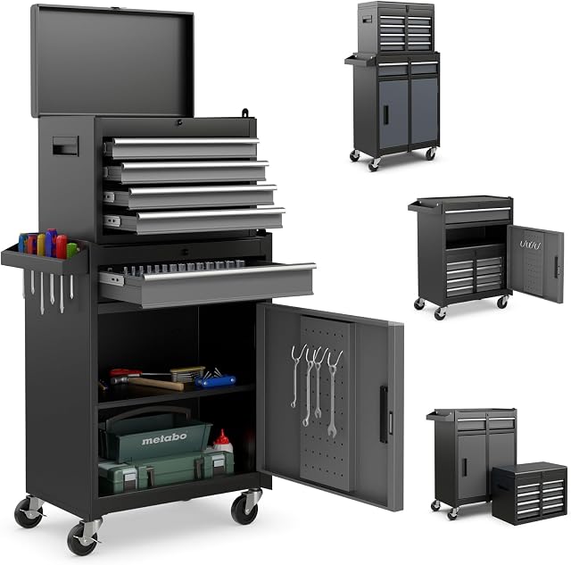 Tool Chest, 5-Drawer Rolling Tools Storage Cabinet w/Universal Wheels & Lock Box, Metal Locking Mechanic Tool Cart for Warehouse Garage Workshop Garage (Dark Grey)