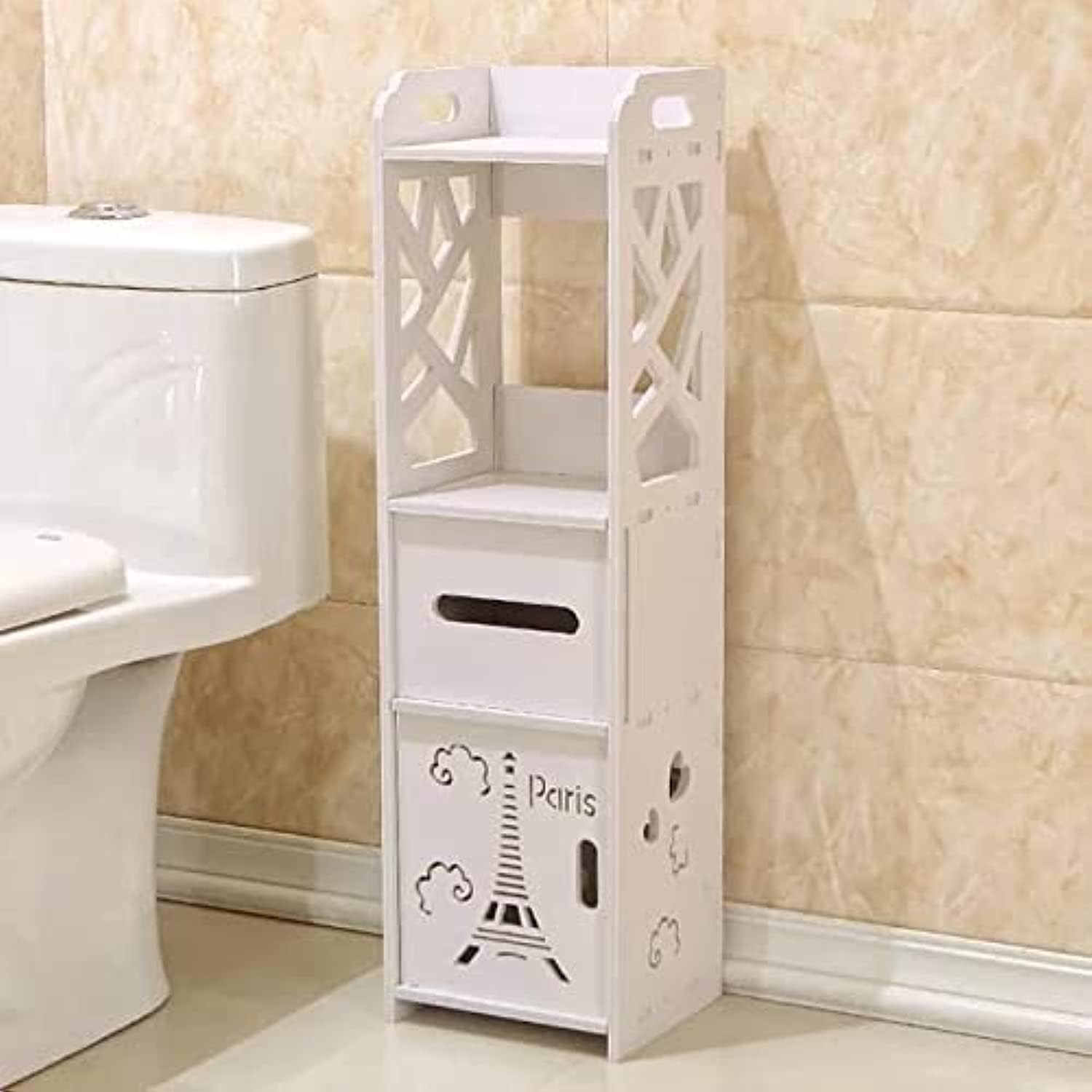 Bathroom Cabinet Floor-Standing Bathroom Toilet Furniture Cabinet White Wood-Plastic Board Cupboard Shelf Tissue Storage Rack