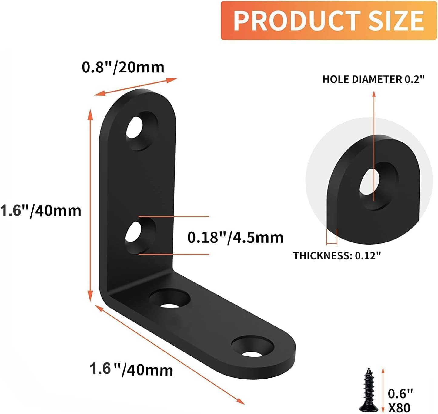 20 PCS Steel L Brackets for Shelves 1.6 Inch,L Bracket Corner Bracket,Black Shelf Bracket,L Brackets for Wood Furniture Bedframe Cabinet Drawer Chair Cabinet Bookshelf with Screws