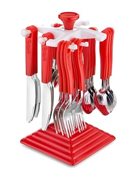Finner Stainless Steel 24 Piece Cutlery Set Containing 6 Tea Spoons, 6 Table Spoons, 6 Forks, 6 Butter Knives (Red)