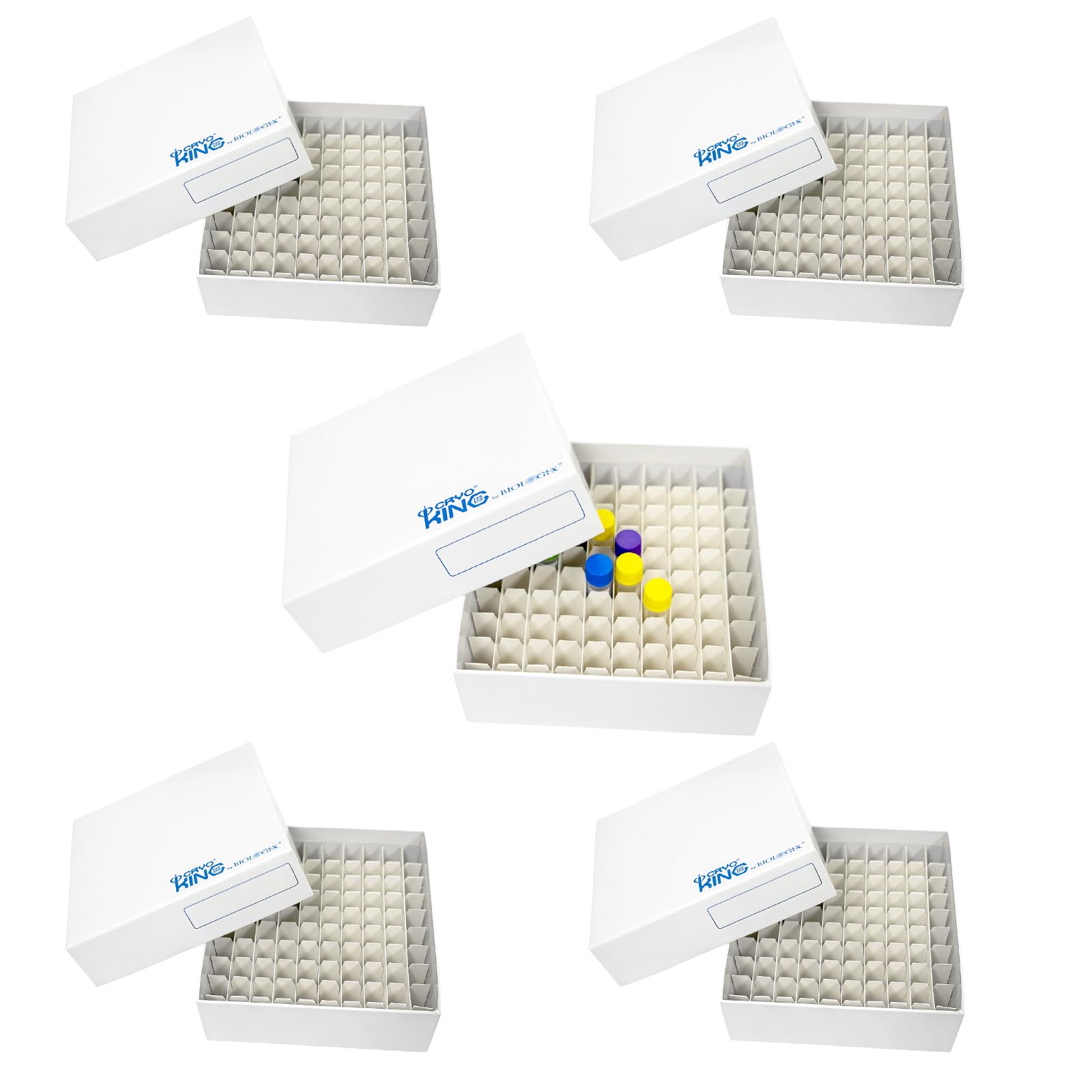 5 Stücke Kryobox, Mikrozentrifugenröhrchenbehälter aus Karton, Kryogene Aufbewahrungsboxen für Die Lagerung von 1.5-2.0 Millilitern Mikroröhrchen und Kryogeräten, 100 Gitter, 2 Zoll, Mit Film