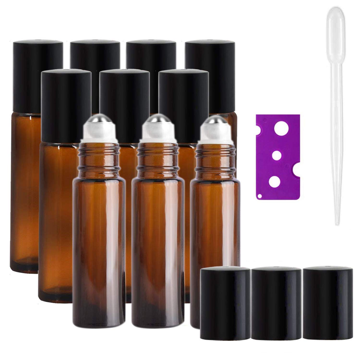 JamHooDirect 10Pcs 10ml Essential Oils Roller Bottles, Refillable Amber Glass Roll on Bottles with Black Lids, Includes 12Pcs Stickers, 1 Dropper & 1 Opener - Great for Aromatherapy, Fragrance