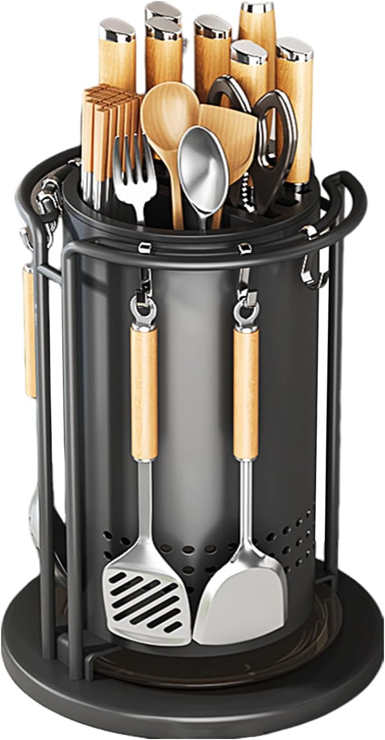 awakentti Kitchen Utensil Holder, 360 Degree Rotatable Cutter Stand with Hooks, Wtensil Organizer, Rustproof Silverware Storage Stand Utensil Organizer for Spatulas, Chopsticks, Fruit Cutter (A)