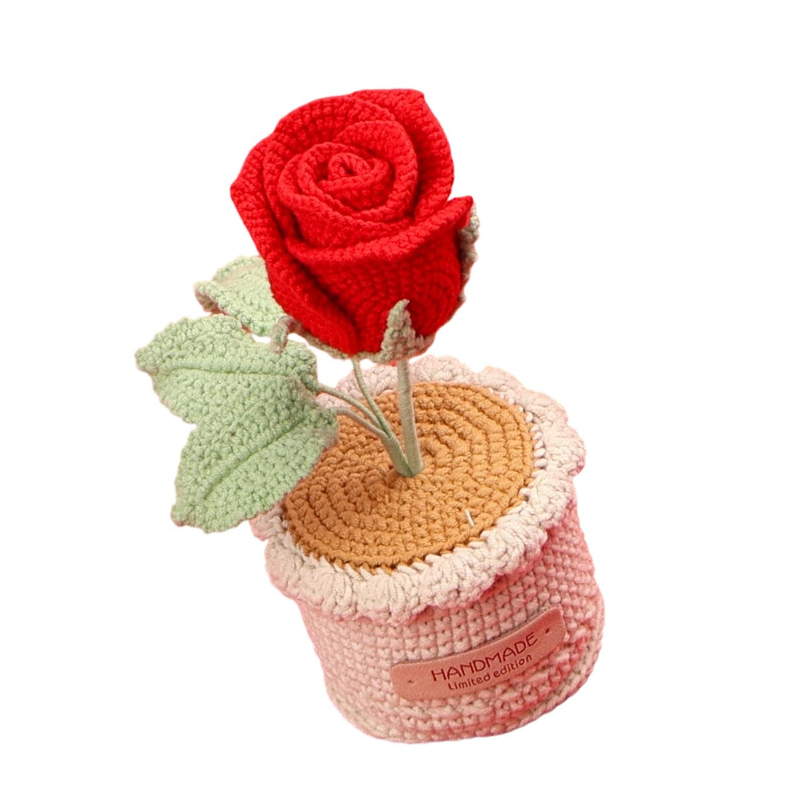 Hredyqw Handmade Knitted Rose In Pots Crochet Potted Plant Ornament Home Decors For Valentines Birthday Wedding