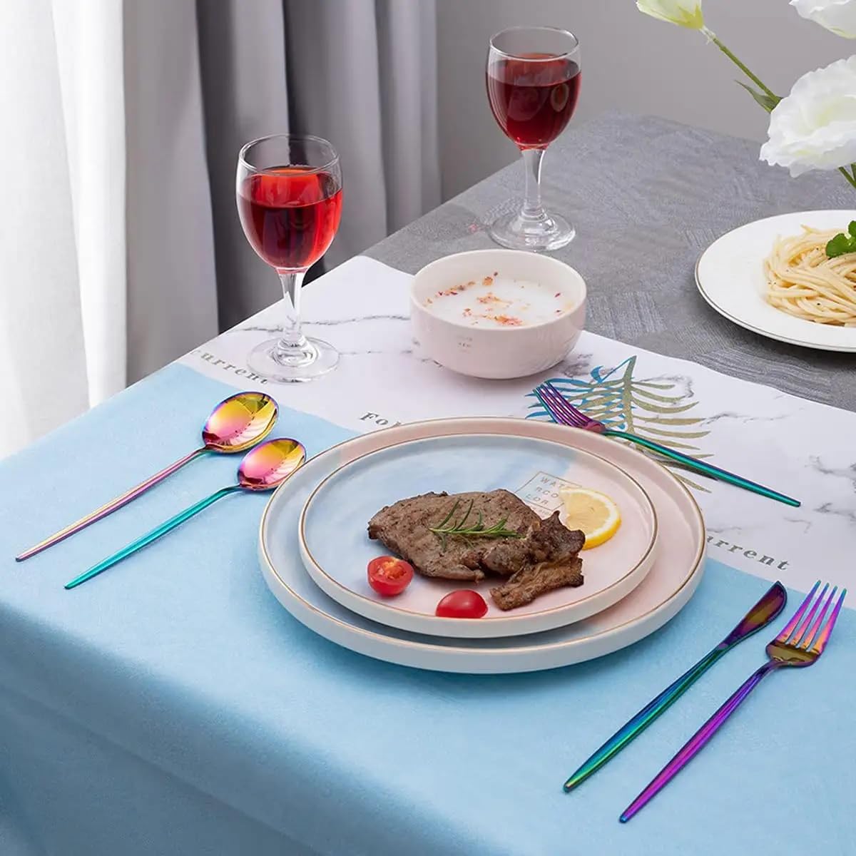 KitchAntique 8.5" French Style Rainbow Dinner Spoons | 4-Piece Stainless Steel Flatware Spoon Set | Elegant Dishwasher-Safe Silverware Cutlery Set for Home, Restaurants & Gifting 1