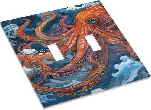 Miniatura 3 de Cubierta decorativa de interruptor de luz de doble palanca con diseño de pulpo rojo, monstruo y ola de mar azul, cubierta decorativa de placa de