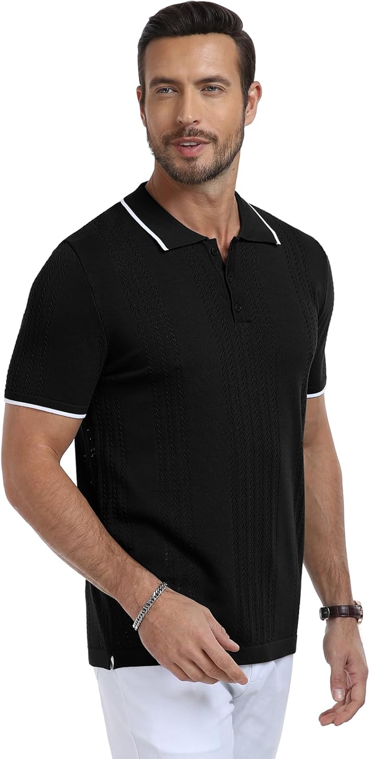 KUYIGO Men's Knit Hollow Out Polo Shirts Short Sleeve Button Collared Shirt Fashion Casual Summer Tops - Image 4