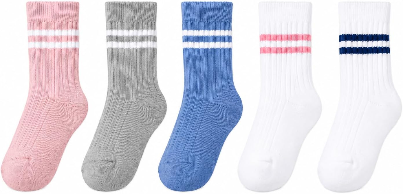 Organic Cotton Toddler Socks, 5 Pairs, Soft Breathable Ribbed Crew Socks for Boys & Girls Ages 3-5