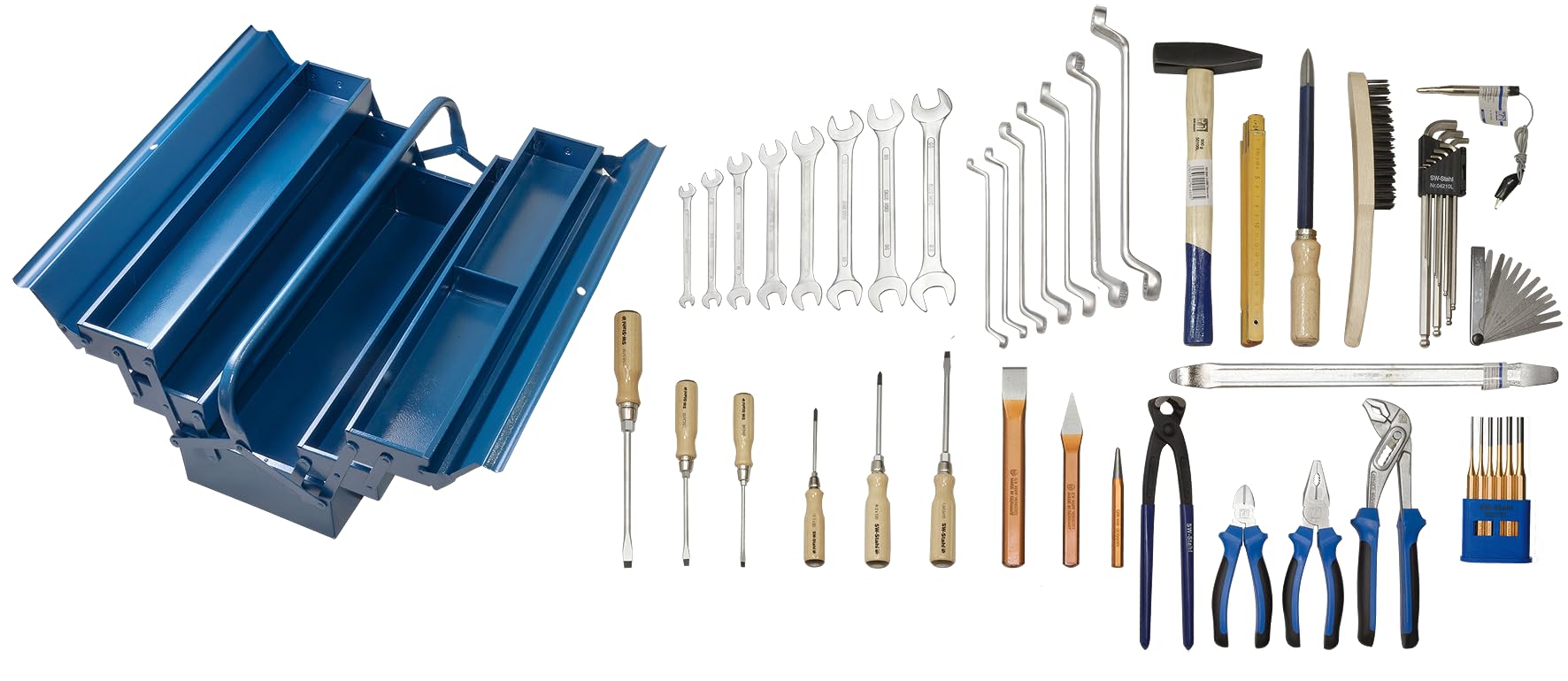 SW Stahl Z2200 Coffret d'Outils avec Boîte à Outils en Métal, 51 Pièces | Set complet incluant clés mixtes, pinces isolées et tournevis en acier CV pour usage industriel, dimensions 560x225x225 mm