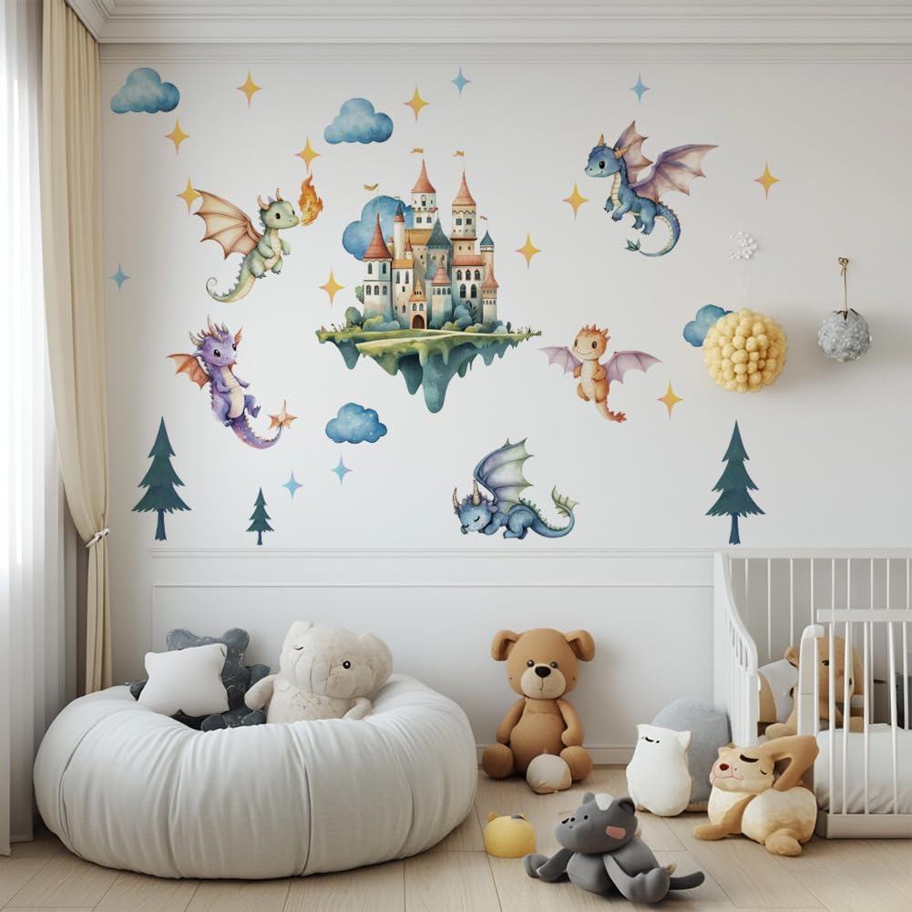 SUPERDANT Flying Dragon Wall Sticker Cartoon Castle Wall Decal Peel and Stick Dragon Vinyl Art Decals Nursery Decor for Children's Room Bedroom Playroom Toddler Room Home Livingroom Decoration Gifts