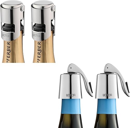Tapones de champán con acero inoxidable + tapones de vino de acero inoxidable, paquete de 2 (plateado)
