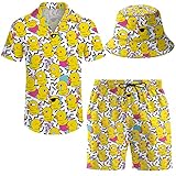 ifamawlea Men's 2 Piece Tracksuit Retro 80s90s Memphis Rubber Duck Hawaiian Shirt Shorts Button Down Shirt and Shorts Sets with Bucket Hats Medium