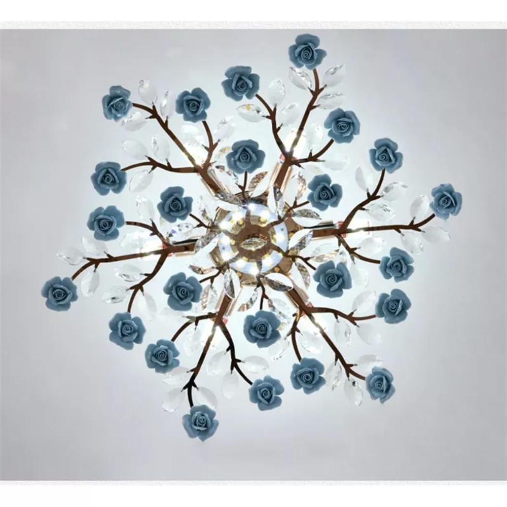 Creativo Lampade a Ciondolo Lampadari di Cristallo Ramo di Luce Casa Led Ceramica Fiore Apparecchio per Soggiorno Sala da Pranzo Decor (Blu D60 cm (1 pz))