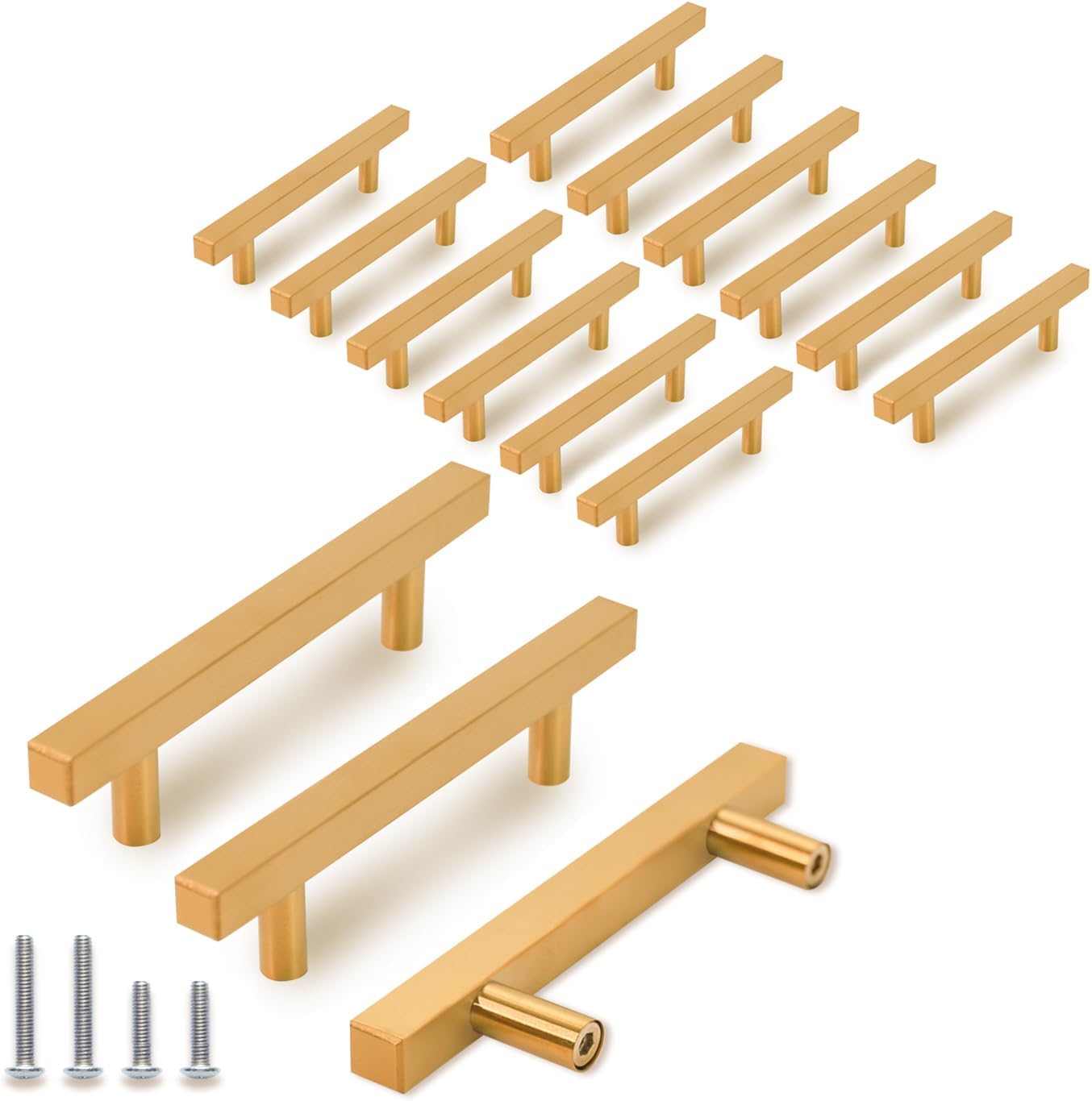 TooCust 15 Pack Brushed Brass Kitchen Cabinet Handles, Cabinet Pulls with 3-1/2 Inch (90mm) Hole Centers, Gold Dresser Handle with Brushed Finish, Modern Furniture Drawer Knobs