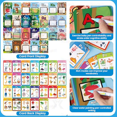 Image of Kidology Alphabet Water Coloring Cards for Kids | Reusable Mess-Free Aqua Painting Flash Cards | 26 ABC Learning Cards with 2 Water Pens, Metal Rings | Drawing, Tracing & Early Education Toy