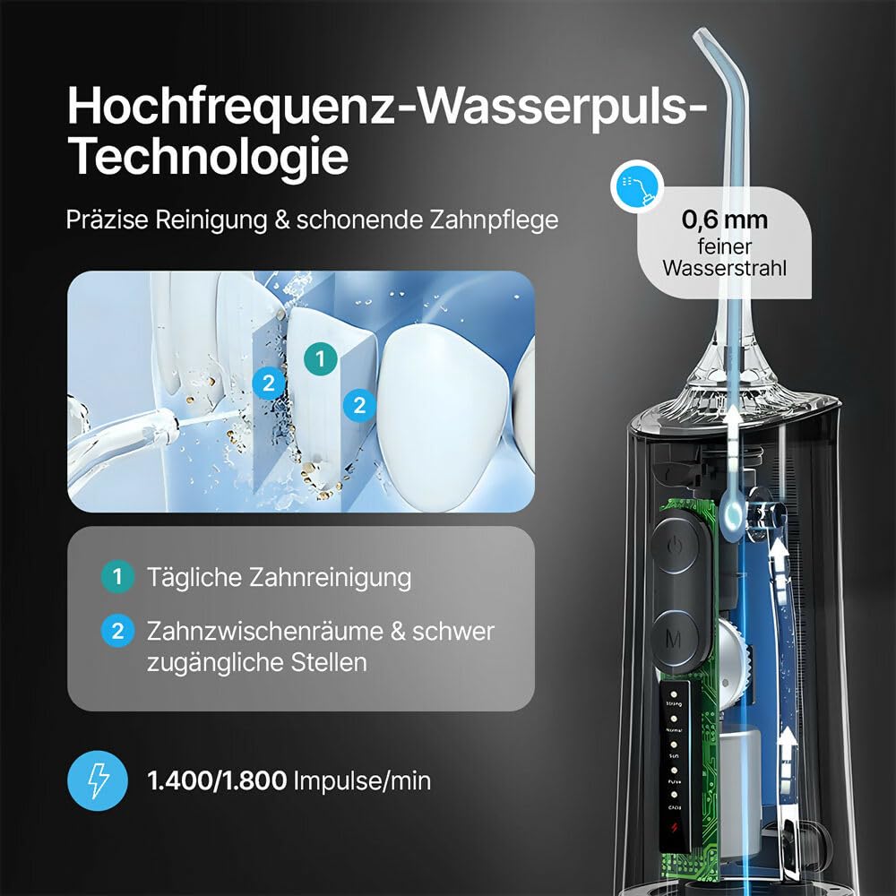 Kabellose Munddusche für optimale Zahn- & Mundpflege / 5 Modi / 200 ml Wassertank / IPX7 Wasserdicht/Munddusche für Zahnfleisch