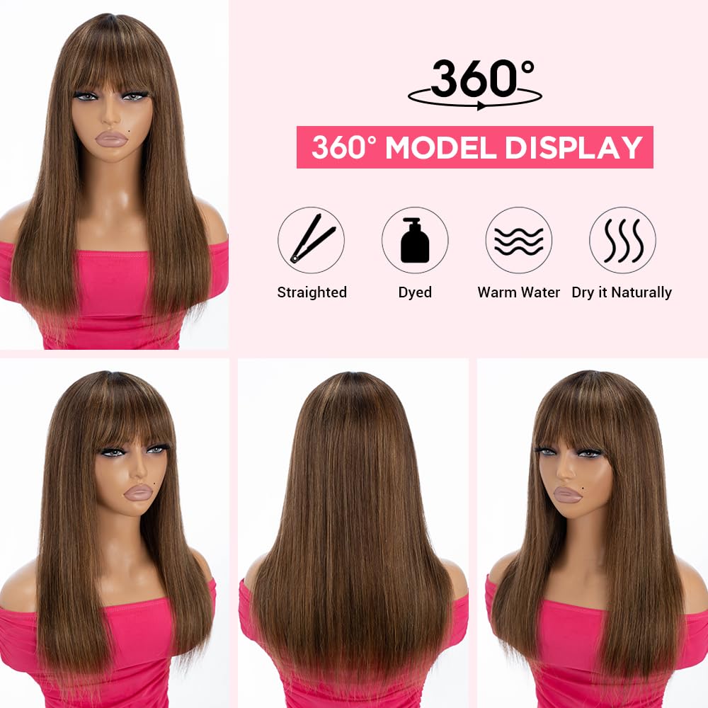 Rebecca Fashion 16 Inch Ombre Blonde Brown Straight Wig with Bangs Human Hair Silky Straight Bang Glueless Minimalist 2.75x1 Lace Scalp Wig for Women Glueless Wear and Go Brazilian Remy Hair - Image 4