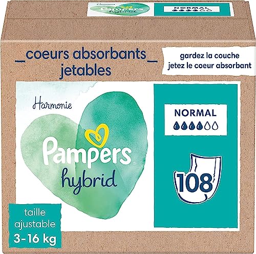 Pampers Harmonie Hybrid, 108 Cœurs de Protection Jetables pour Couche Lavable Hybride, 100% d'Absorption, Protège la Peau Sensible des Bébés, Ingrédients...