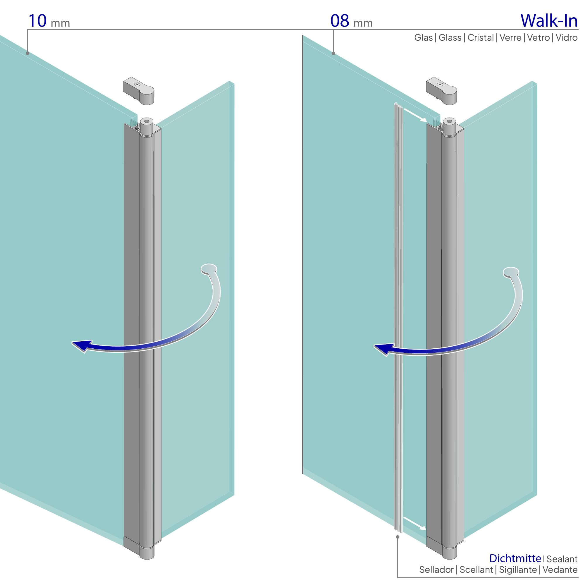 Panel lateral 40 x 200 cm con vidrio transparente 8 mm | Extensión para ducha Walk-In | Perfil rotativo 180°