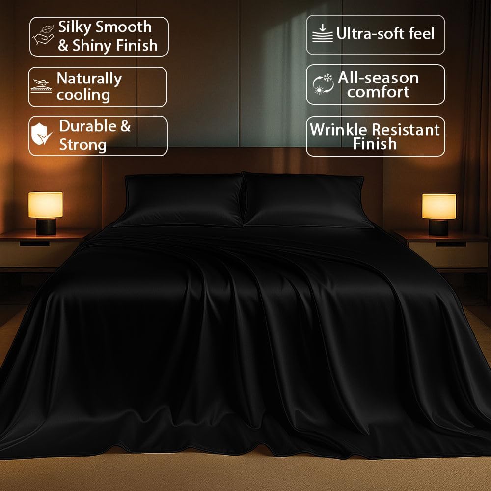 Silk Flat Sheet Only, King Size, 1-Piece Black Top Sheet for Hair & Skin, Cooling Extra Soft Luxury Bedding, Hotel Quality All-Season Sheet Sold Separately