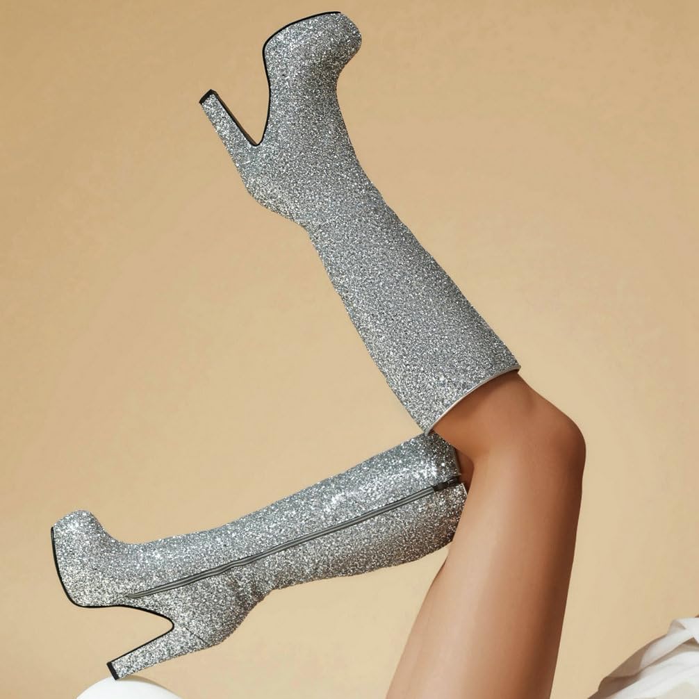 KOKOMOMO Sparkly Glitter Knee High Platform Boots Sequin Chunky Knee High Heeled Boots With Zip Up Wedding Party Shoes