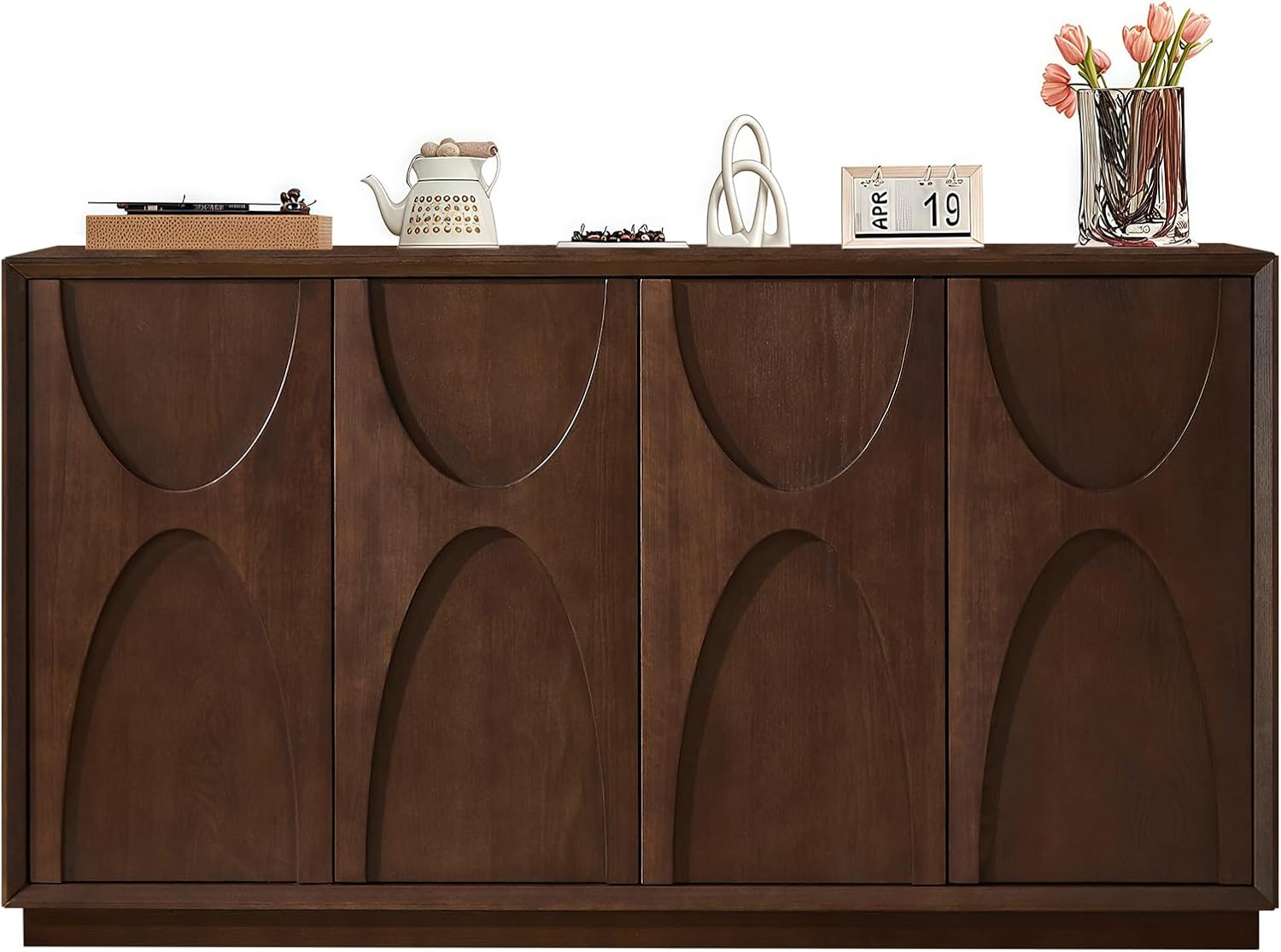 Sideboard Buffet Cabinet, Accent Storage Cabinet with 4 Doors and Adjustable Shelf, Farmhouse Mid Century Modern Buffet Sideboard for Living Room, Kitchen, Entry (Walnut)