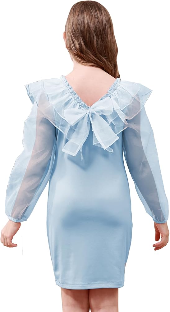 Amazon.com: GORLYA Girls Mesh Ruffle Trim Bow Backless Square Neck Lantern  Sleeve Slim Fitting Pencil Dress 8-16Y(GOR1185,10Y,Light Blue): Clothing,  Shoes & Jewelry