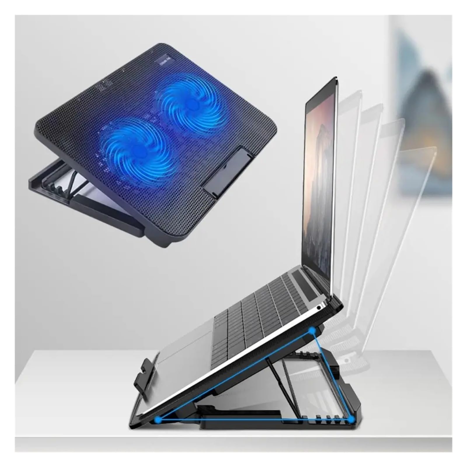 Tappetino di raffreddamento for laptop regolabile portatile Porta USB Luce a LED Ventola di raffreddamento for laptop Ventola di raffreddamento for notebook in rete metallica(Double fan)