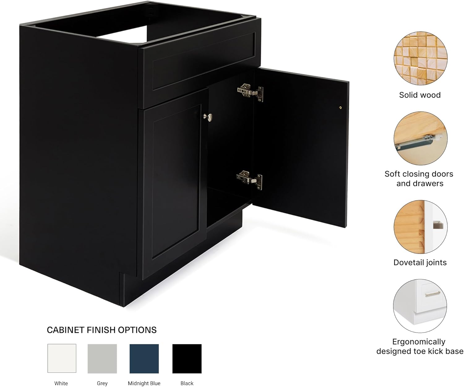 ARIEL Hamlet 30-inch Bathroom Vanity Base Cabinet,Solid Wood, 2 Soft Closing Doors, Brushed Nickel, Black