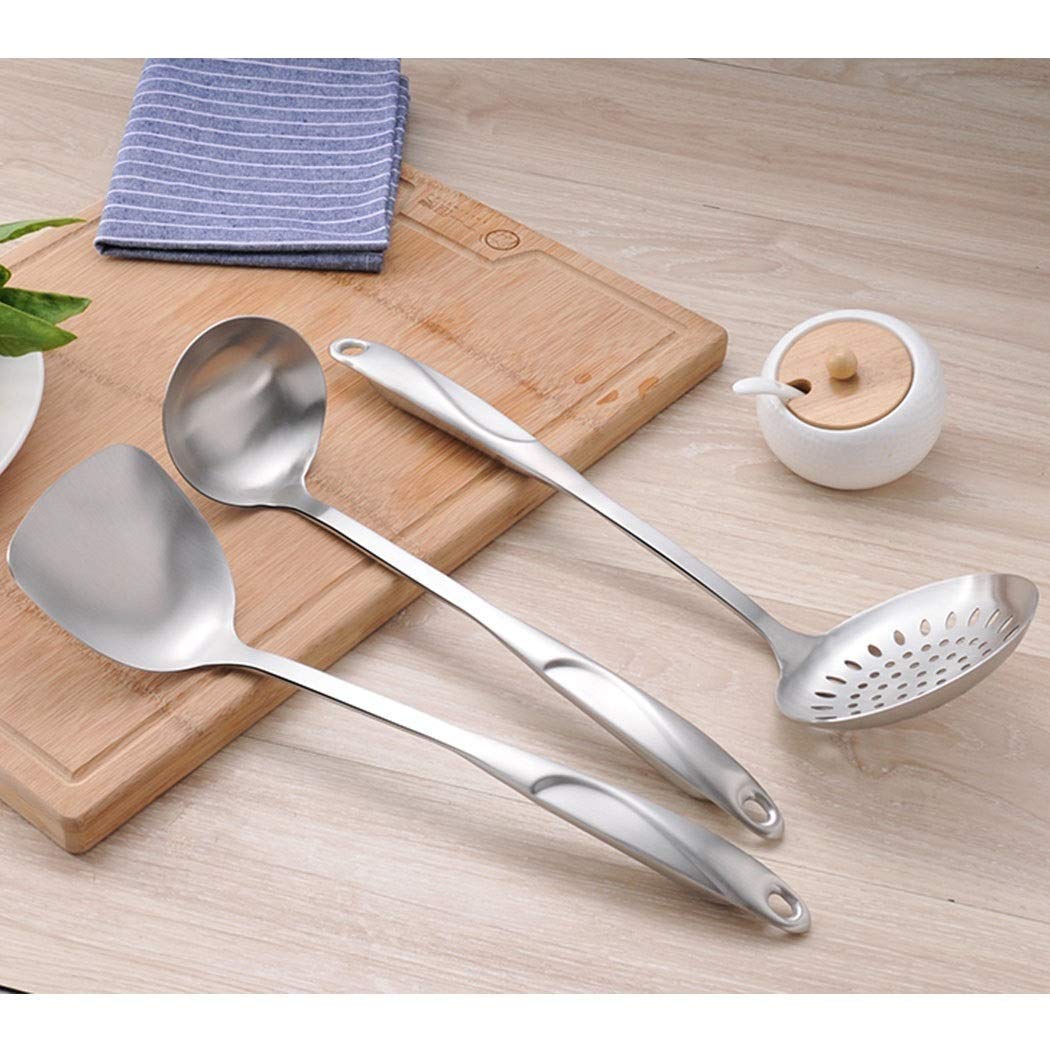 Set di utensili da cucina in acciaio inox, 6 strumenti essenziali tra cui cucchiaio scanalato, spatola scanalata, cucchiaio grande, mestolo da minestra e spatola per una preparazione versatile dei
