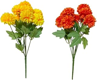 KYMY Artificial Marigold Flower Bouquets, 2Pcs Orange Silk Marigold Stems Fake Flowers with Leaves, Wreath Garlands for Diwali Decorations, Hindu Puja, Day of The Dead Dia De Los Muertos, Halloween