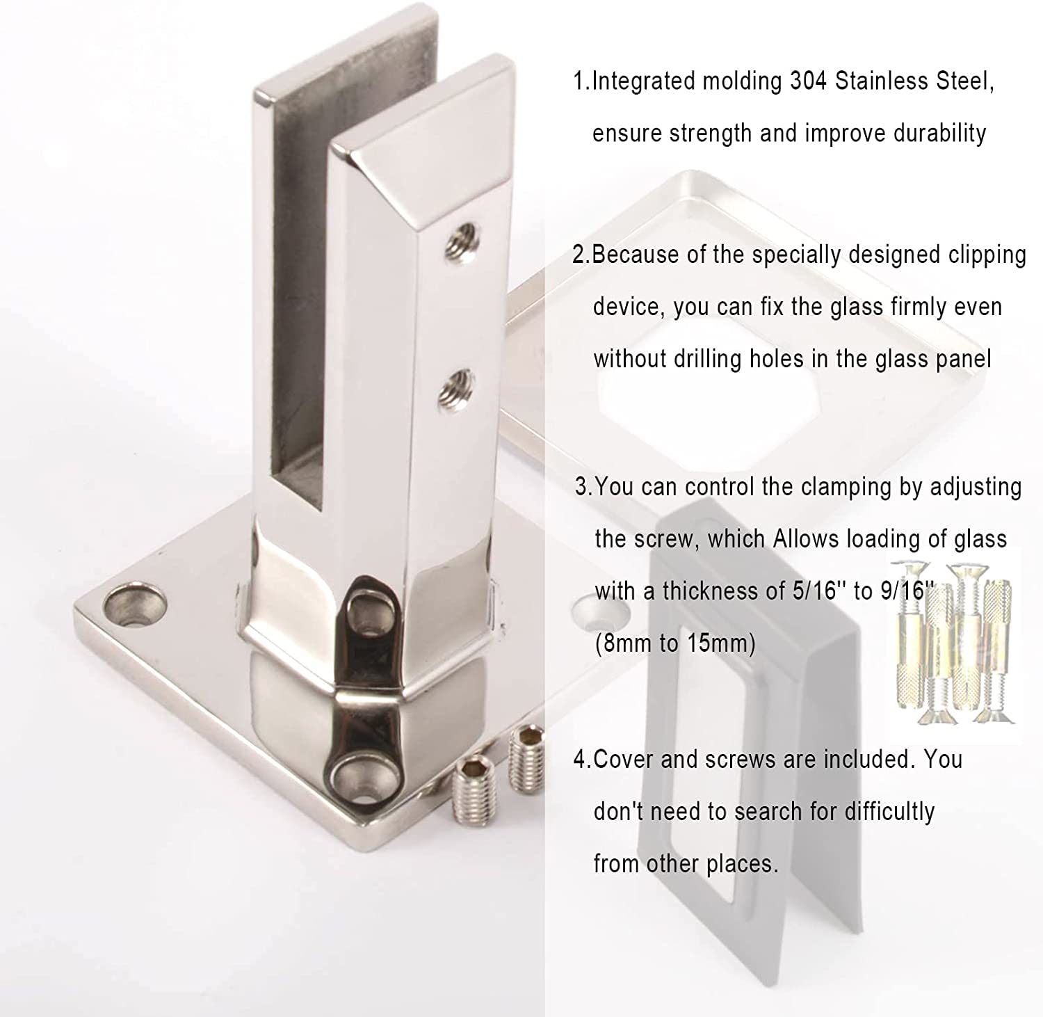 Rieort - Pinza de cristal para abrazaderas de vidrio duraderas, soportes de cristal de acero inoxidable, pinza cuadrada ajustable con pernos de expansión, abrazadera de piso de vidrio fiable