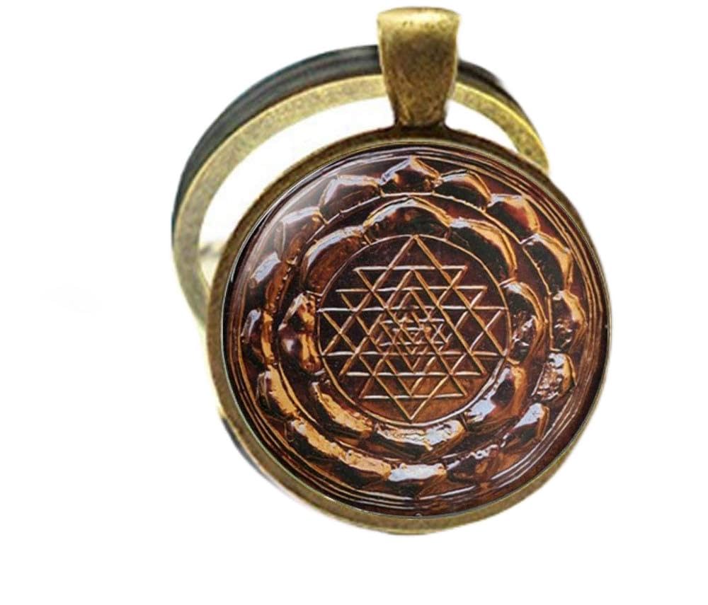 Contia Unisex Bronze Sri Yantra Keychain Sacred Geometry Jewelry, Sri Yantra Jewelry Vintage Charm Jewelry Glass Photo Jewelry