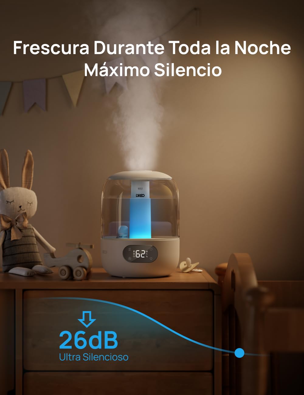 DREO 3L Humidificador Bebés Silencioso 26dB para Dormitorio, Niebla Fría Ultrasónica, Boquilla 360°, 30h Autonomía, Luz Ambiental, Difusor Aceites Esenciales, para Hogar, Blanco