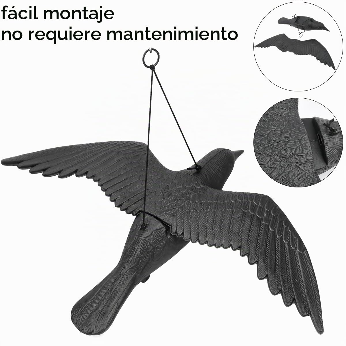 Cuervo Espanta Palomas, 2 Piezas Pajaro Espantapajaros, Disuasorio de Aves de plástico, Anti Palomas Balcon, para la Protección de Balcones, Azoteas y Jardines - Espantapájaros Balcon - Negro