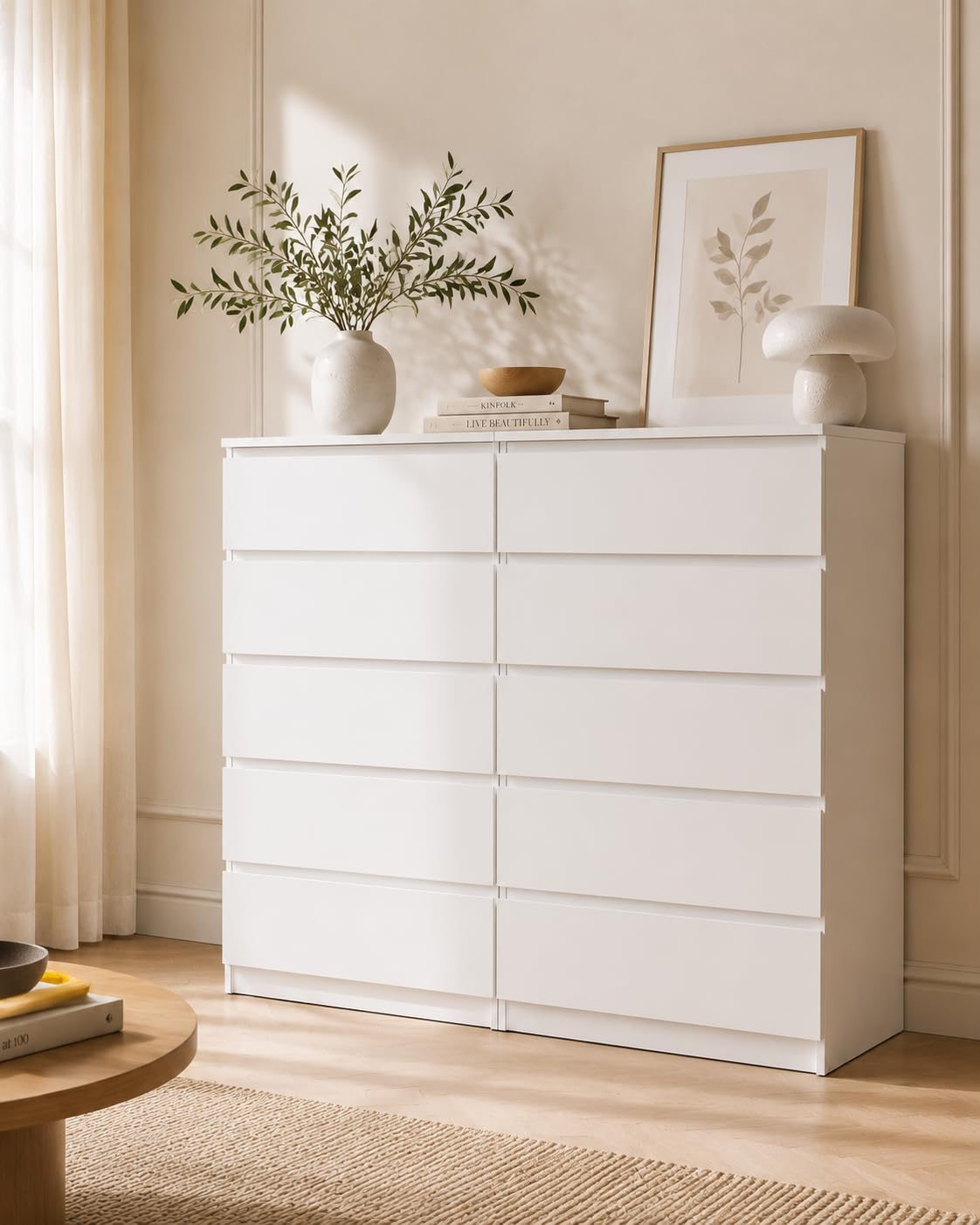 Cómoda Dormitorio 10 Cajones, Cajonera Blanca, Sinfonier Alto y Estrecho, Mueble Auxiliar para Dormitorio, Salón y Pasillo, 120 x 40 x 121 cm