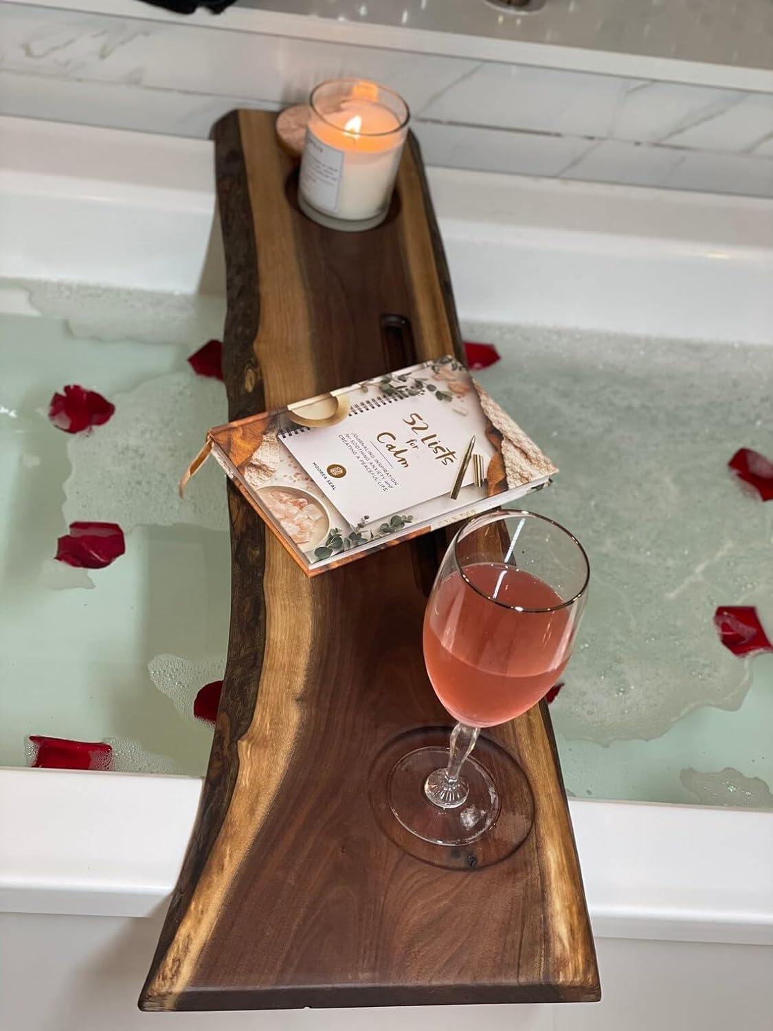 RESINHOMEFURNITURE Acacia Wood Bathtub Tray Caddy with Book & Wine Holder – Expandable Luxury Bath Shelf, Spa Tray for Tub, Bathroom Accessories & Gifts (30 x 15 Inches)