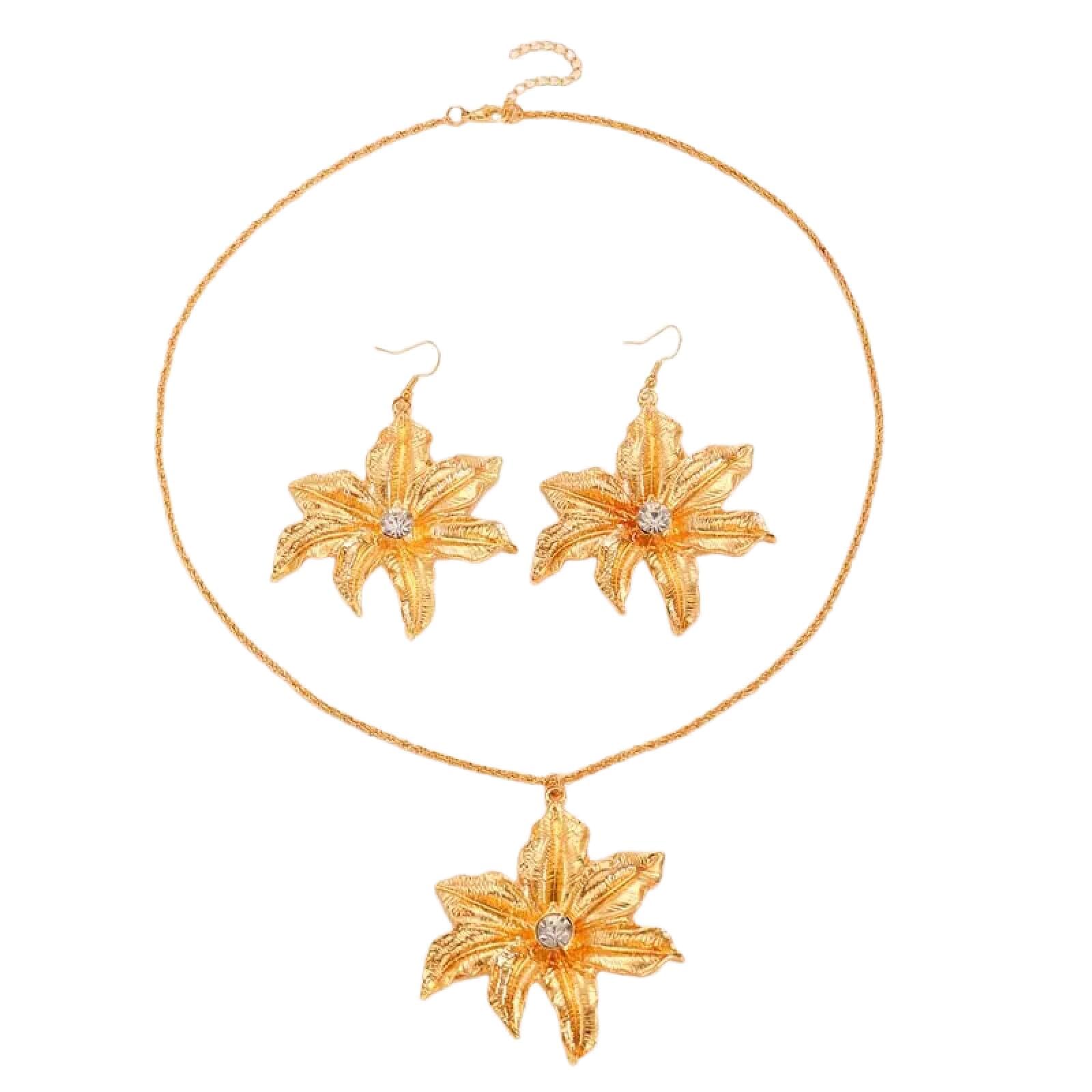 Collar de flor exagerada para mujer conjunto de pendientes dorados con circonita 4
