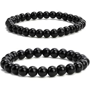 Braccialetto Ossidiana Con Cuore Nero - Perle Di Cristallo, Portafortuna 18.5 Cm Per Donne