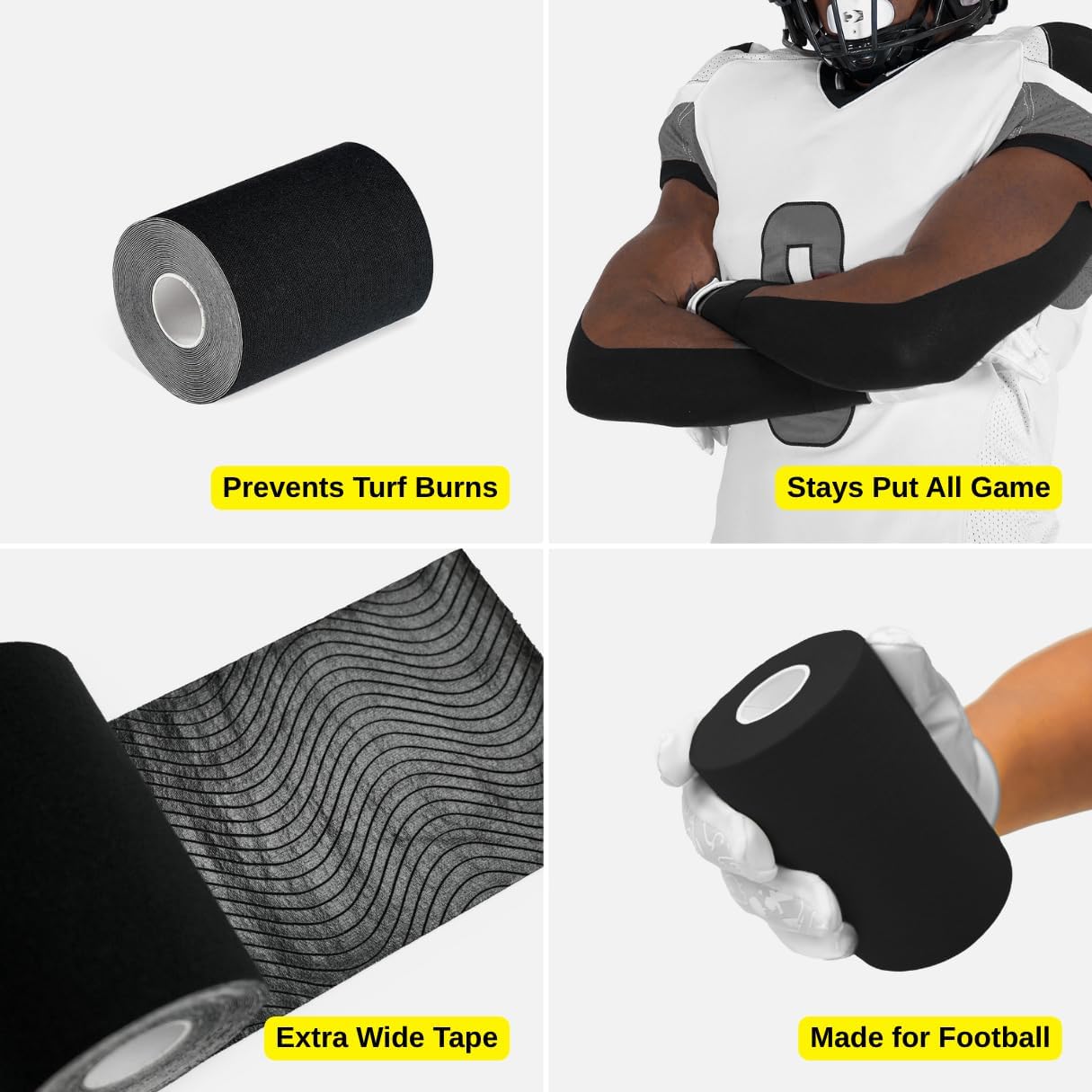 SLEEFS Black Turf Tape Football - Extra Wide Waterproof Sports Athletic Tape - Flexible Breathable Ultra Sticky for Arms, Wrists, Ankles, Injuries - Lacrosse, Soccer, Baseball, Basketball
