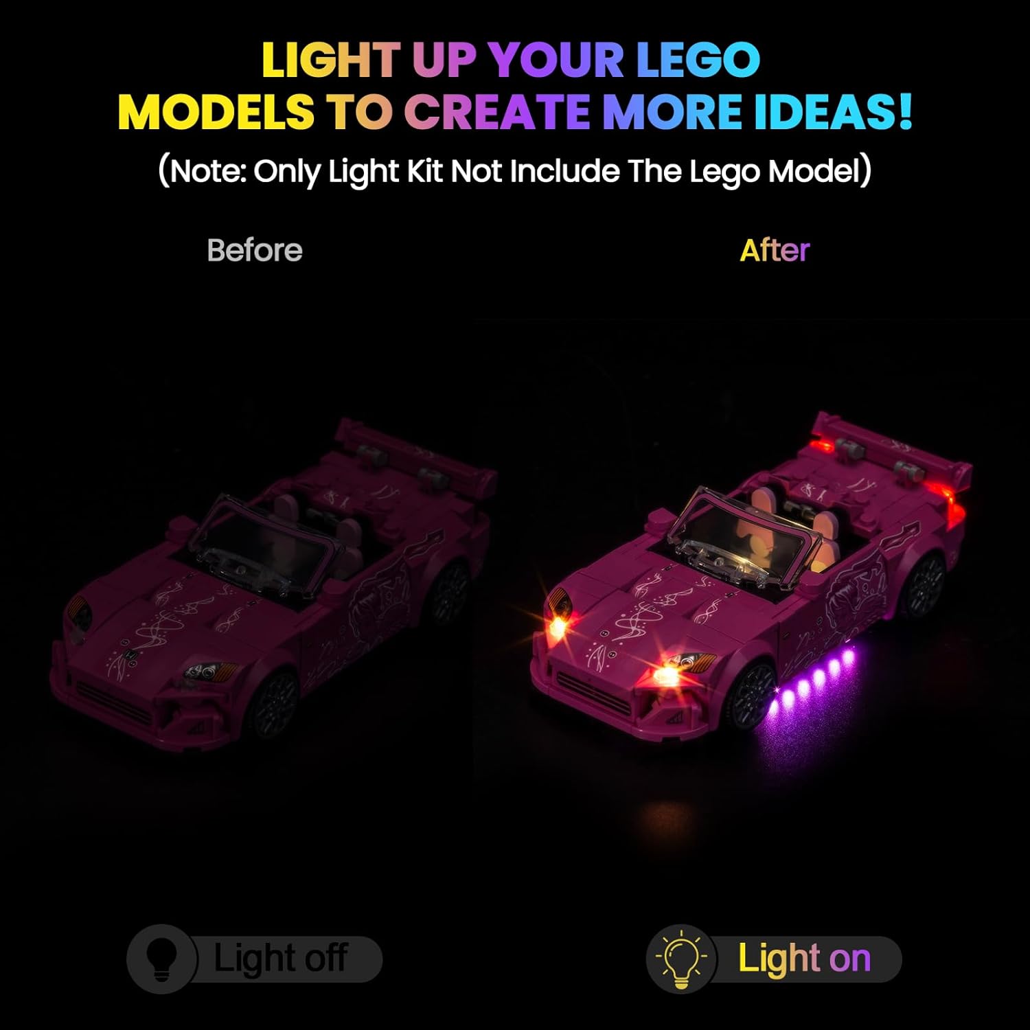 Front view of the illuminated LEGO Honda S2000 model with bright headlights and purple underglow.
