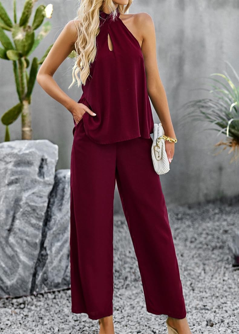 Co Ord zestawy dla kobiet spodnie i top, czarne wiązane na szyi paski bez pleców seksowna kamizelka bez rękawów koszulka na co dzień spodnie z szerokimi nogawkami moda salon wyjście zestawy