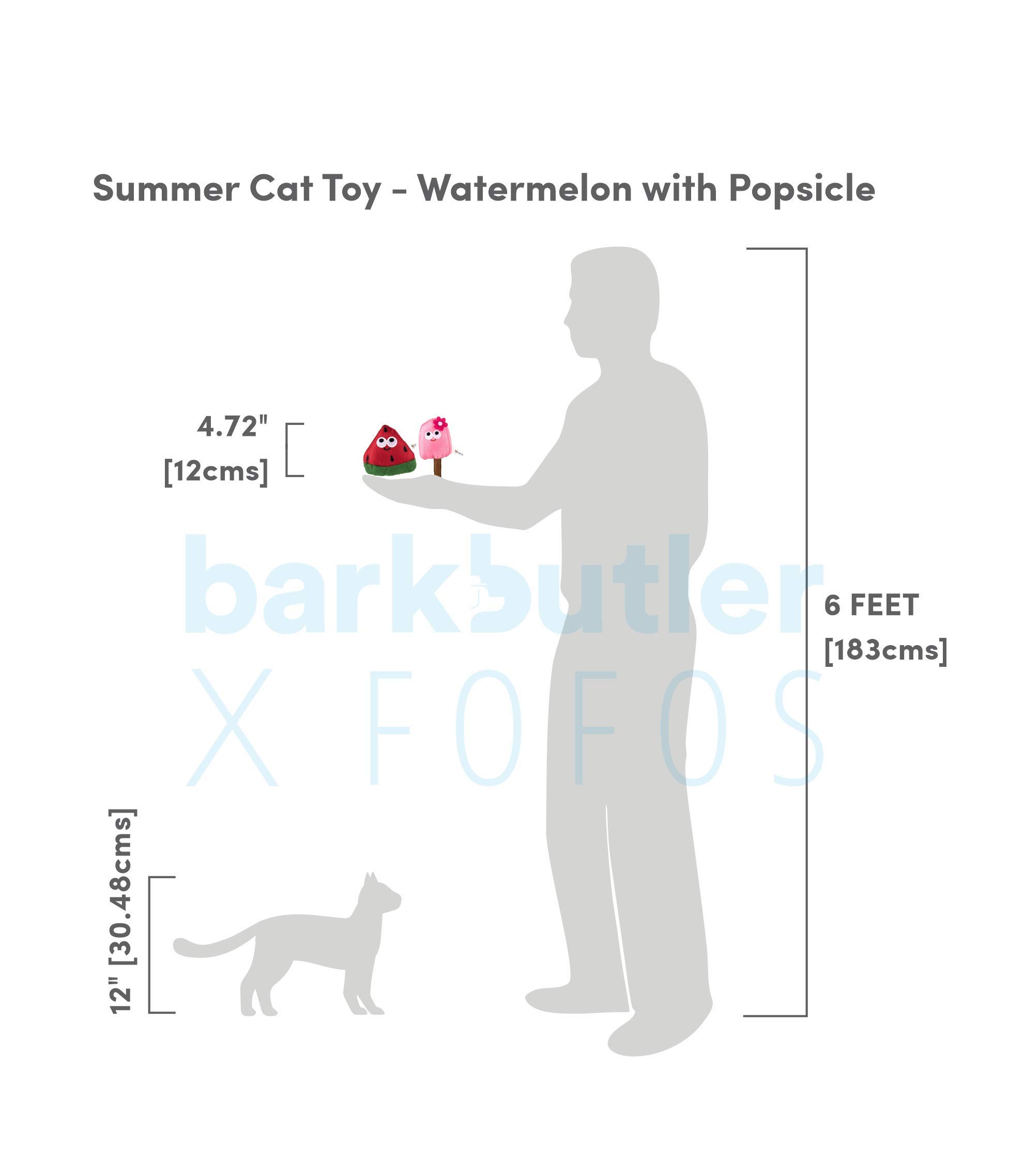 BarkButler Fofos Sommer-Katzenspielzeug, Wassermelone mit Eis am Stiel, 2 Stück, US-Katzenminze innen, Plüsch-Kauspielzeug, strapazierfähiges Oxford-Gewebe, für Kätzchen ab 6 Monaten + ältere Katzen