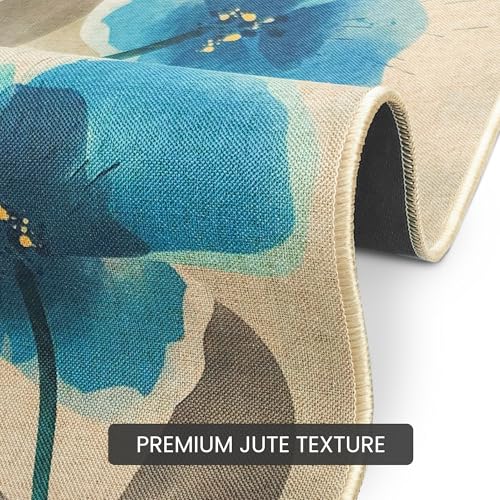 Image of Yellow Weaves 1 Pc Jute Texture Non-Slip Bathmat, Water Absorbent Floor mat, Rugs, Door Mats for Bathroom, Living Room, Bedroom, Entrance, Outdoor, Kitchen, Office (Teal Blue Floral)
