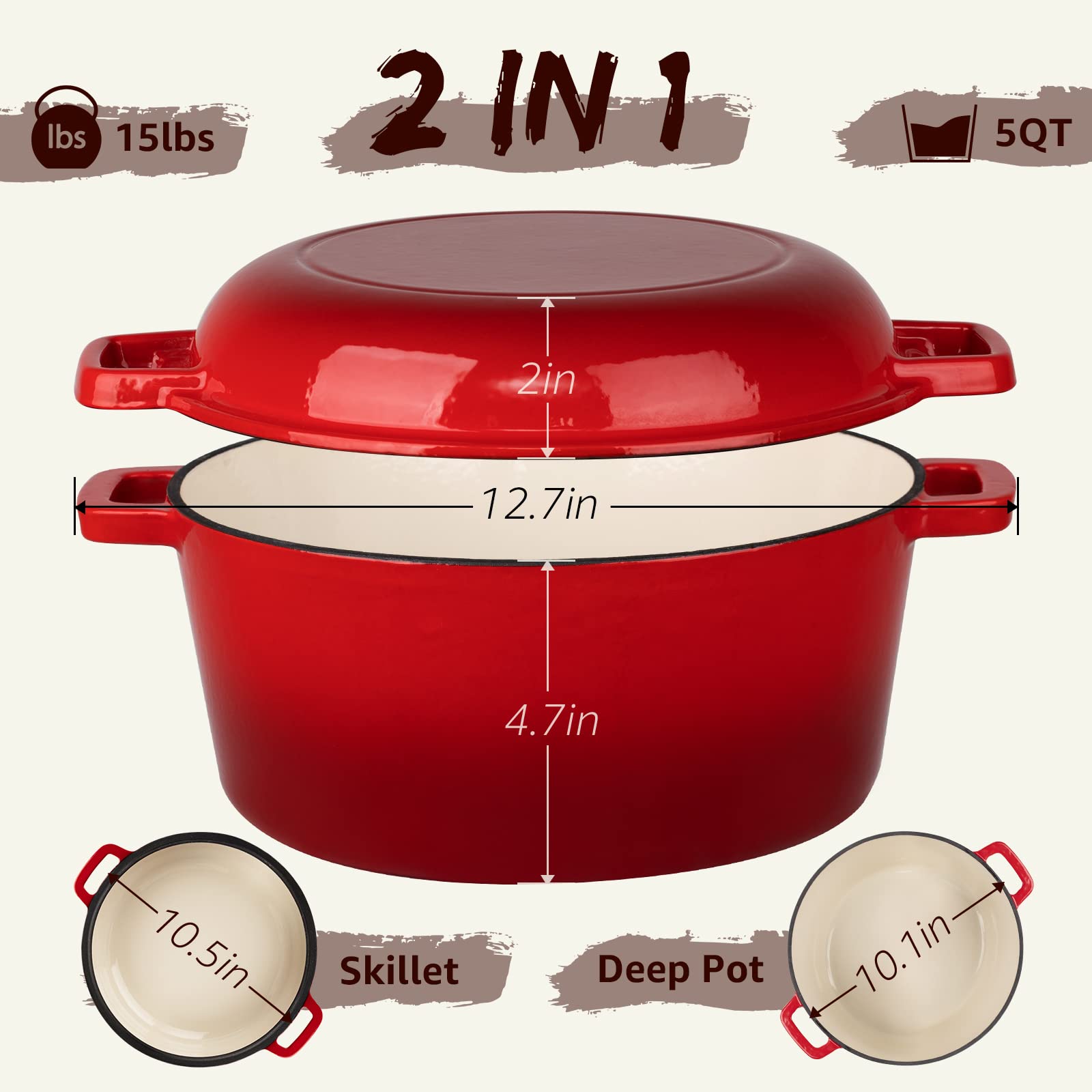 Overmont Forno olandese 2 in 1 in ghisa smaltata con coperchio e libro di cucina per induzione, elettrico, grill, piano cottura, cottura del pane (5 quarti)