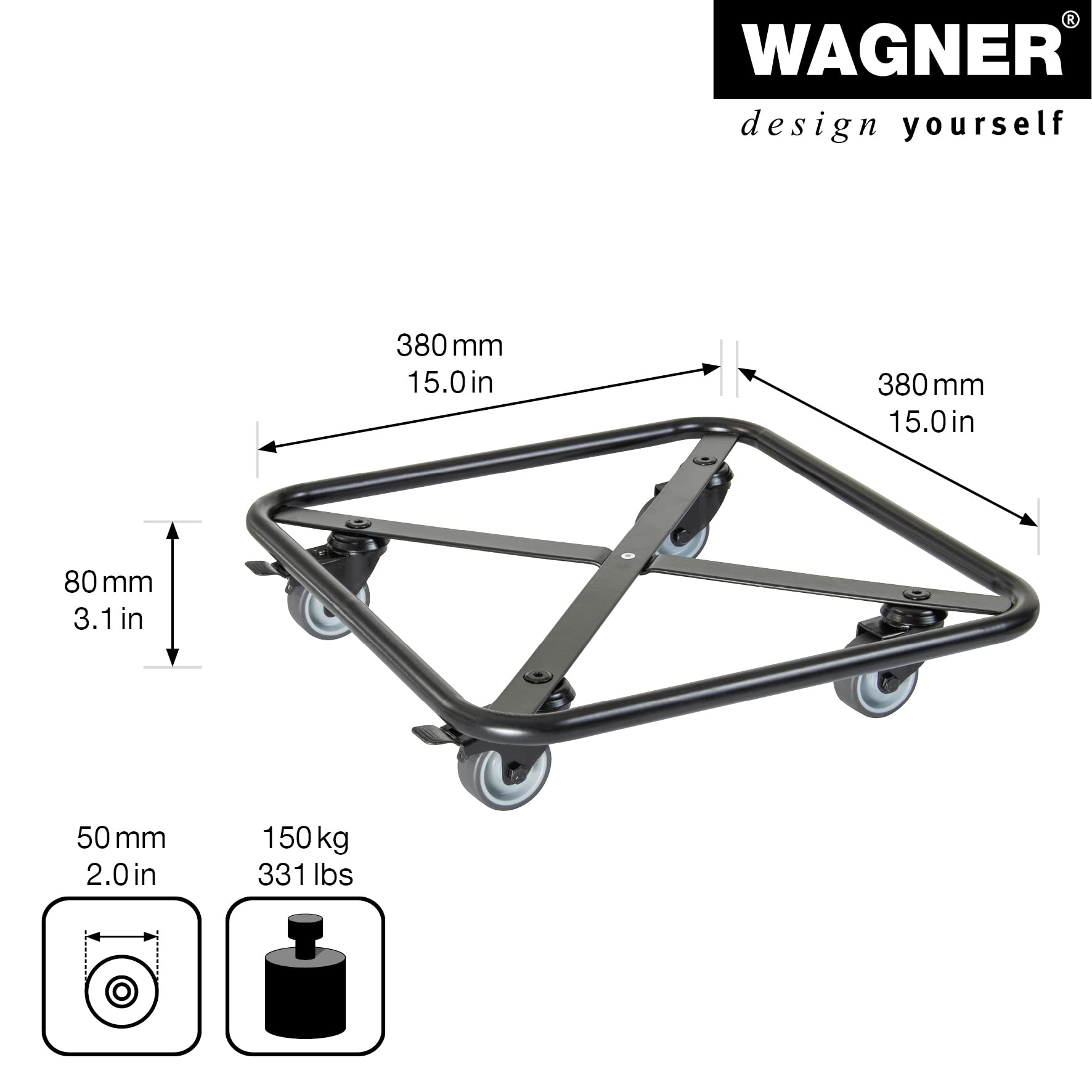 WAGNER 20701301 wałek do roślin, 38 x 38 x 8 cm, miękkie rolki z hamulcami, do użytku wewnątrz i na zewnątrz, rolka na kwiaty, stal powlekana na czarno, nośność 150 kg