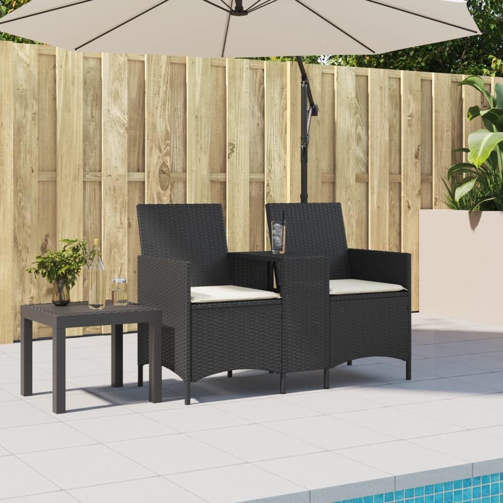 Gartensofa 2-Sitzer mit integriertem Tisch Poly Rattan Gartenbank mit Kissen Lounge-Doppelsofa für Balkon Terrasse und Garten Schwarz 126x59x82 cm