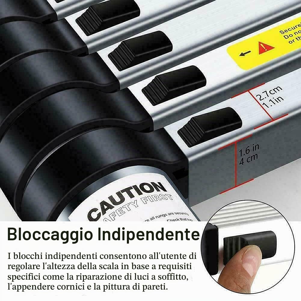 Scaletta telescopica pieghevole da 3,2 m, scala telescopica in 13 ripiani, antiscivolo, scala telescopica da 79 cm a 3,20 m, portata massima: 150 kg